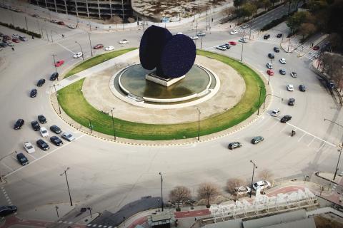 A roundabout. The French for "a roundabout" is "un rond-point". A roundabout. The French for "a roundabout" is "un rond-point".