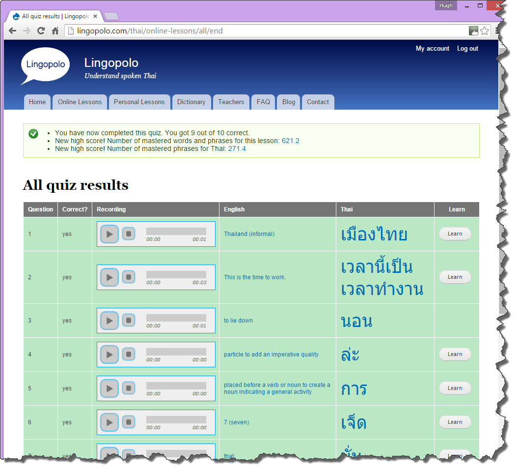 Desktop quiz results