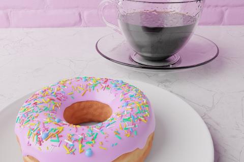 A cup of coffee and a doughnut. The Thai for "a cup of coffee and a doughnut" is "กาแฟและโดนัท".