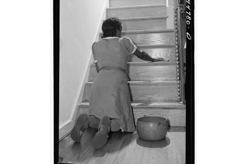 A maid cleaning the stairs. The Thai for "a maid cleaning the stairs" is "แม่บ้านทำความสะอาดบันได". A maid cleaning the stairs. The Thai for "a maid cleaning the stairs" is "แม่บ้านทำความสะอาดบันได".